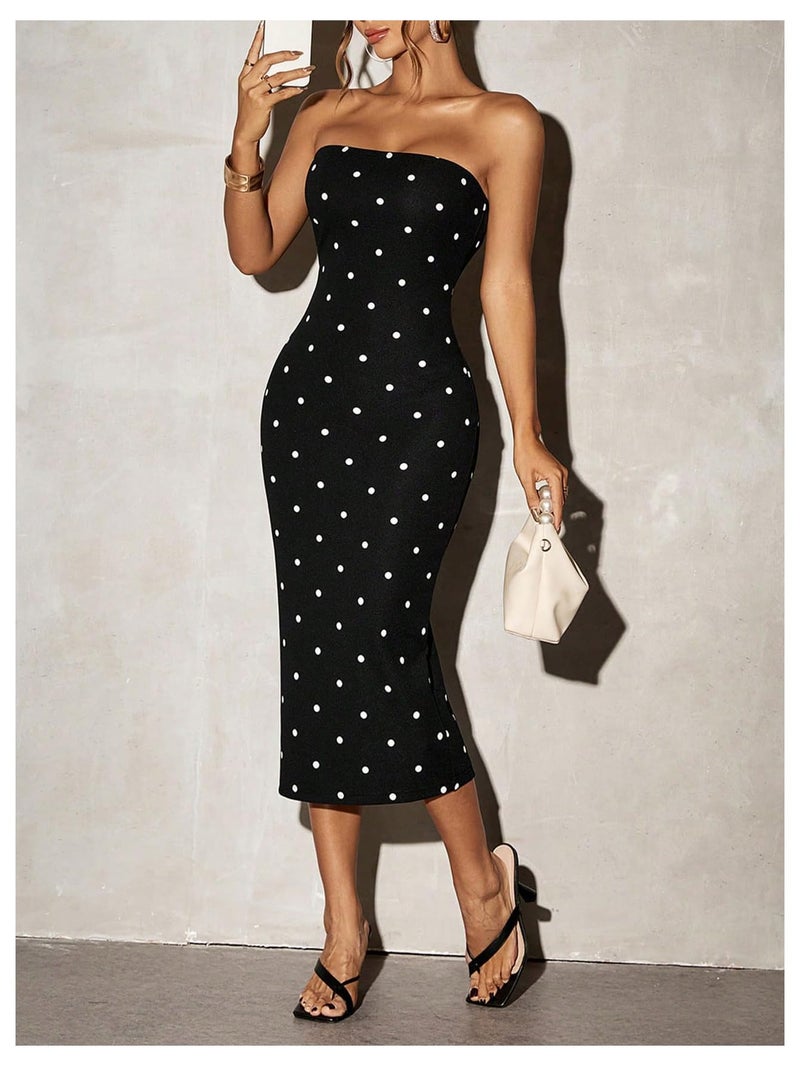WDIRARA Women's Polka Dots Strapless Tube Dress Cocktail Party Bodycon Midi Dresses Black X-Small - Image 5