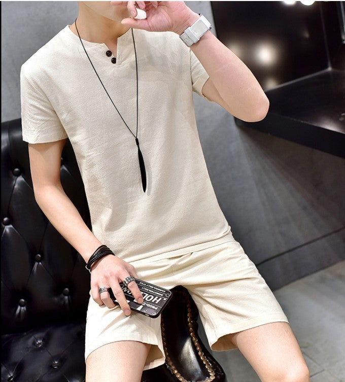 23 New Mens Cotton and Linen Short-sleeved suit Two-button Linen suit Short-sleeved T-shirt Shorts Mens Casual Two-piece Set Khaki - Image 1