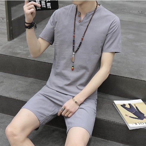 23 New Mens Cotton and Linen Short-sleeved suit Two-button Linen suit Short-sleeved T-shirt Shorts Mens Casual Two-piece Set Khaki - Image 4
