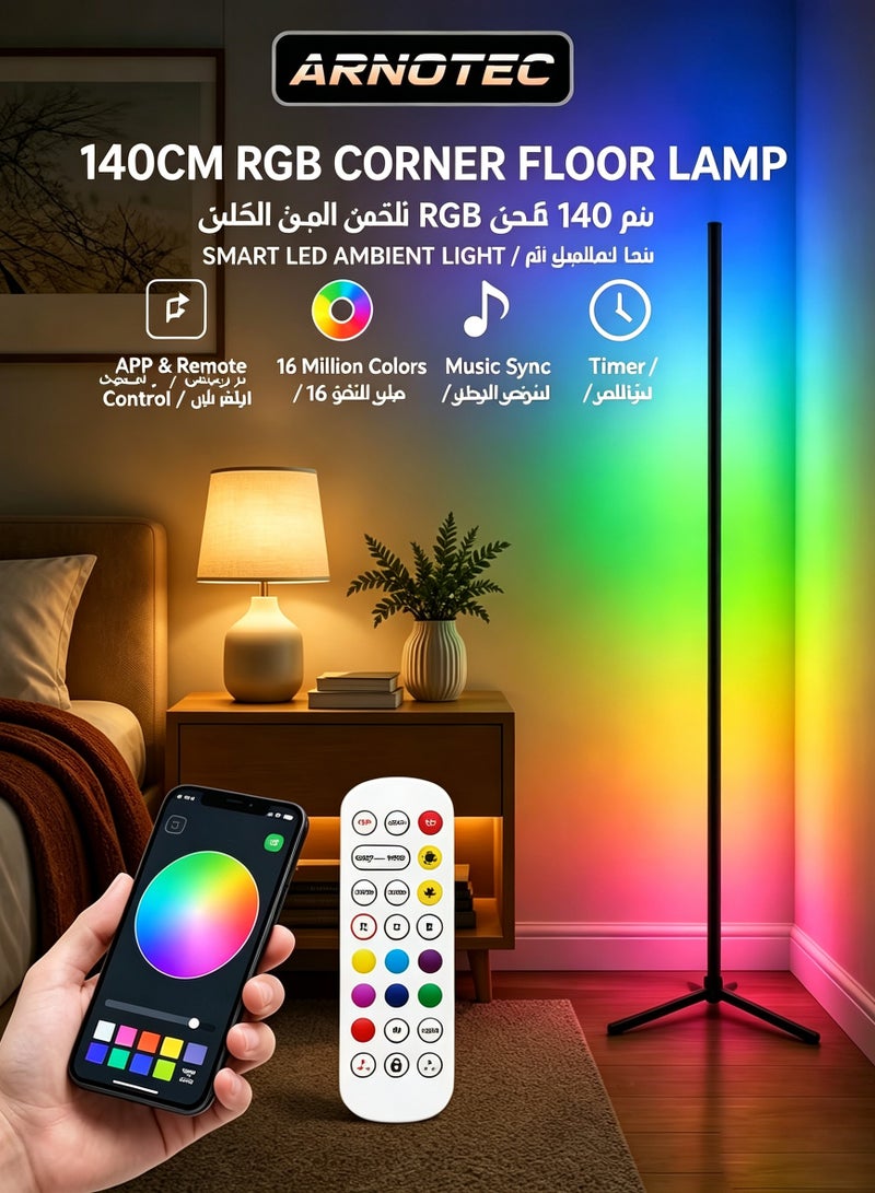 ARNOTEC 140CM RGB Corner Floor Lamp – Smart LED Ambient Light with APP & Remote Control, Music Sync, Timer, Dimmable Nordic Mood Lamp for Living Room, Bedroom, Gaming & Home Decor - Image 1
