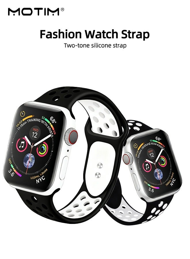 Motim Apple Watchband 42mm/45mm/44mm/49mm for Women and Men, Two-tone Breathable Design, Silicone Replacement Strap for Apple Watch 10 9 8 7 6 5 4 3 2 1 SE, Black/White - Image 2