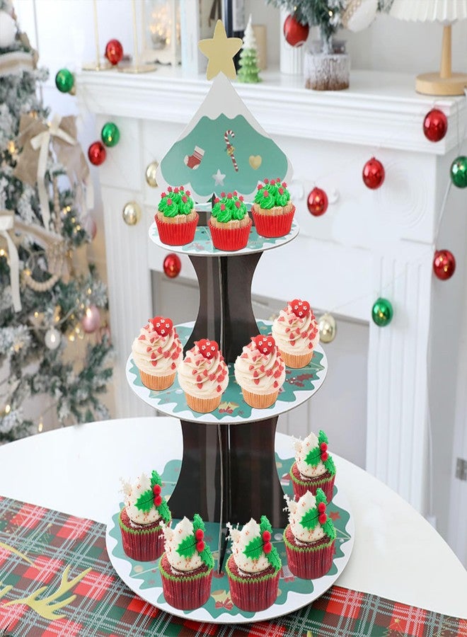 HIENAJ Christmas Cupcake Stand 3 Tier Cardboard Cupcake Stand Holder Decorations Festival Desserts Chrismas Theme Party Birthday Supplies Santa Claus Christmas Snowman Decorations - Image 4