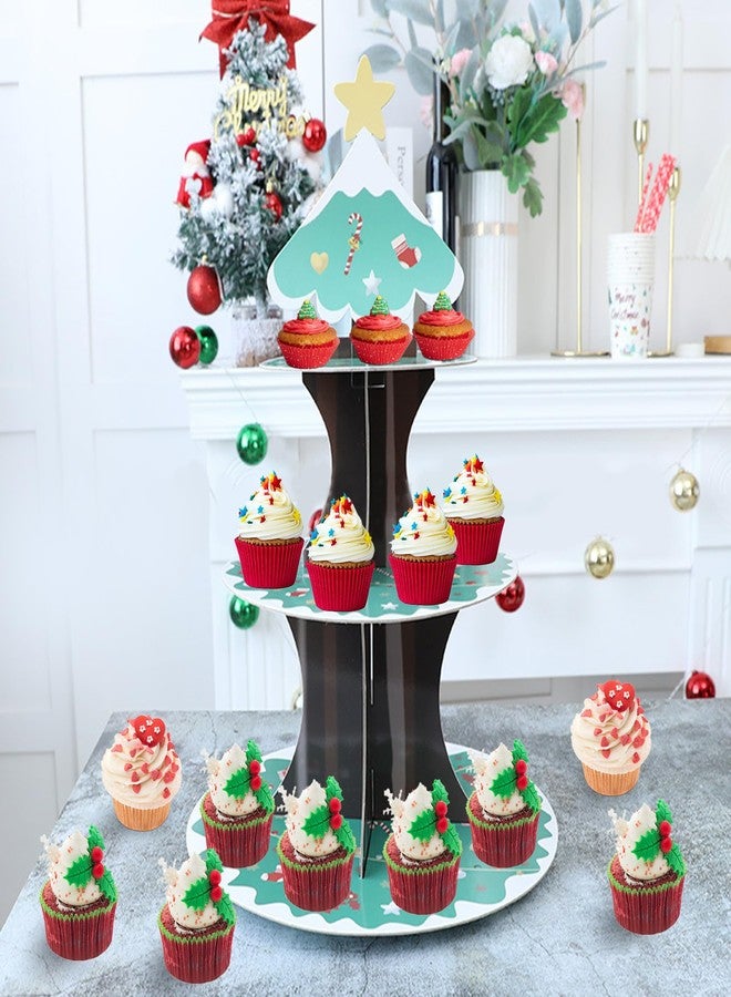 HIENAJ Christmas Cupcake Stand 3 Tier Cardboard Cupcake Stand Holder Decorations Festival Desserts Chrismas Theme Party Birthday Supplies Santa Claus Christmas Snowman Decorations - Image 5