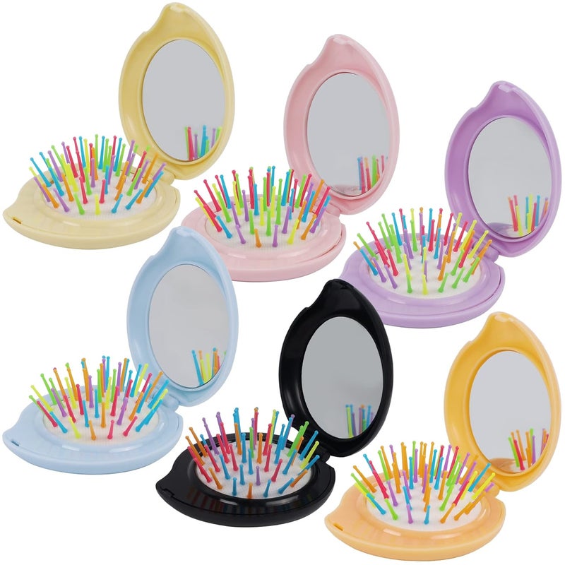 Happy Trees 6 Pcs Travel Hair Brush Pocket Comb with Mini Mirror Portable Compact Folding Hair Brushes Comb and Brush Set for Women