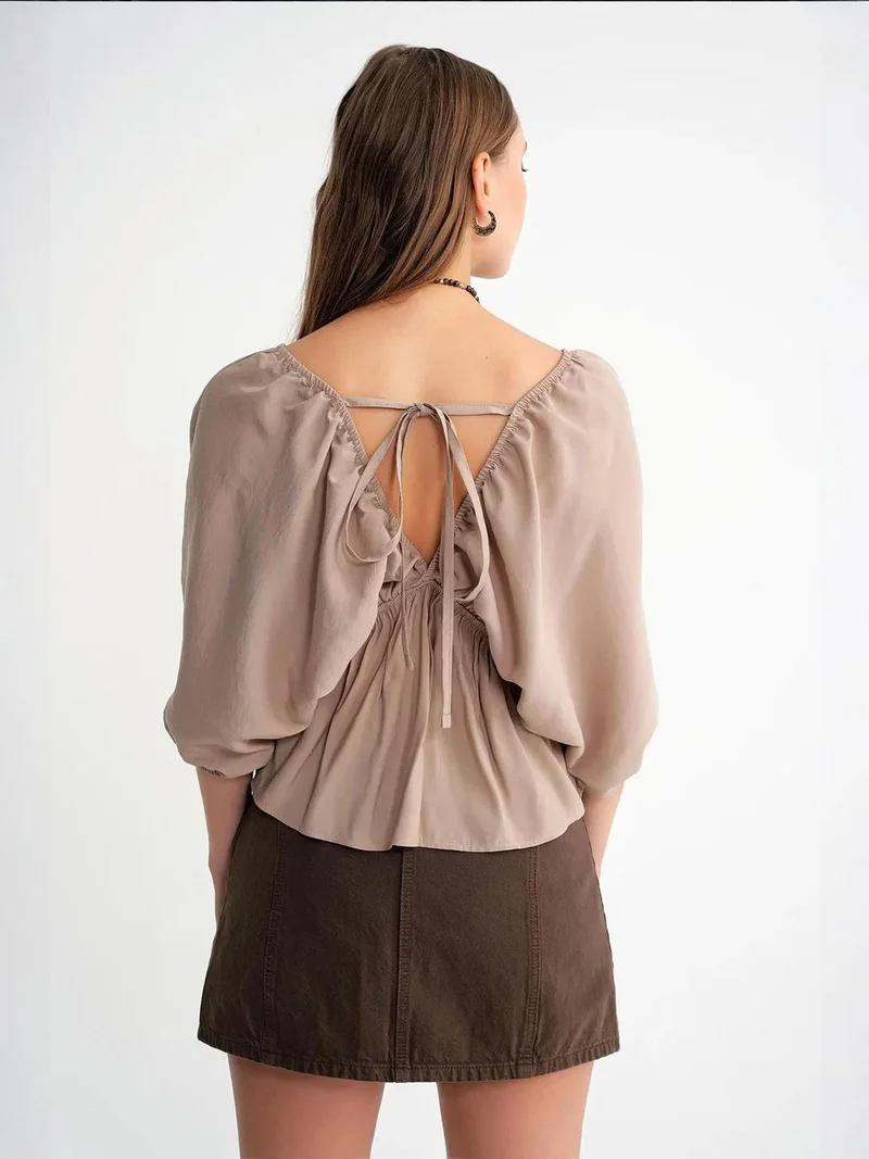 MixRay Camel Brown Mixray V-Neck Blouse with Ruffle Detail for Women | Best Price UAE