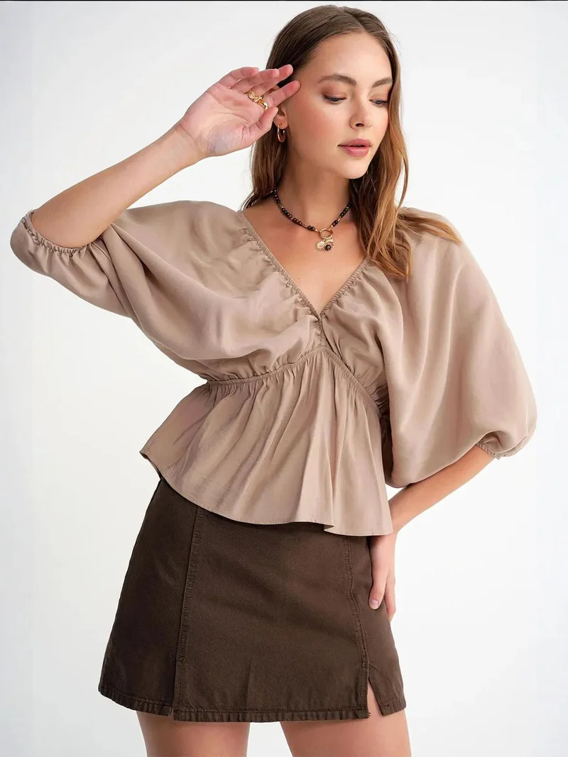 MixRay Camel Brown Mixray V-Neck Blouse with Ruffle Detail for Women | Best Price UAE