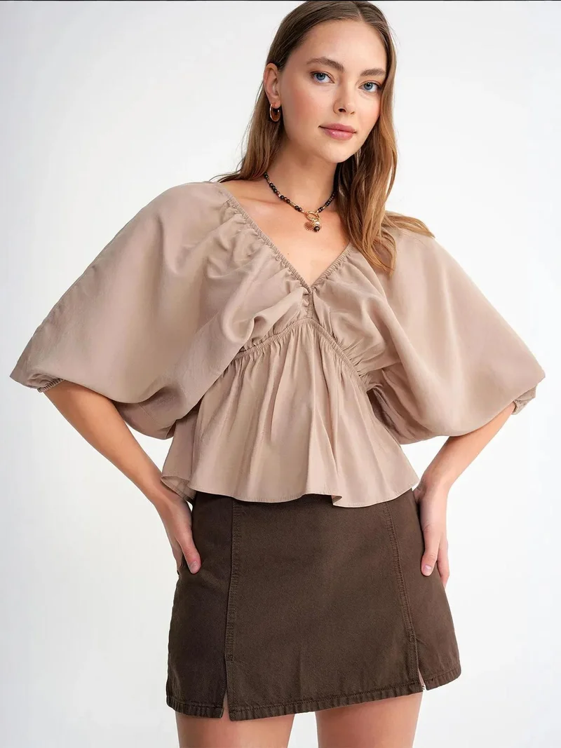 MixRay Camel Brown Mixray V-Neck Blouse with Ruffle Detail for Women | Best Price UAE