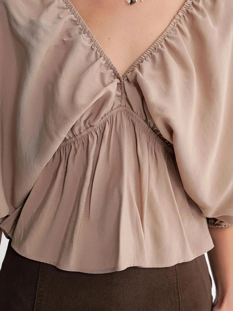 MixRay Camel Brown Mixray V-Neck Blouse with Ruffle Detail for Women | Best Price UAE