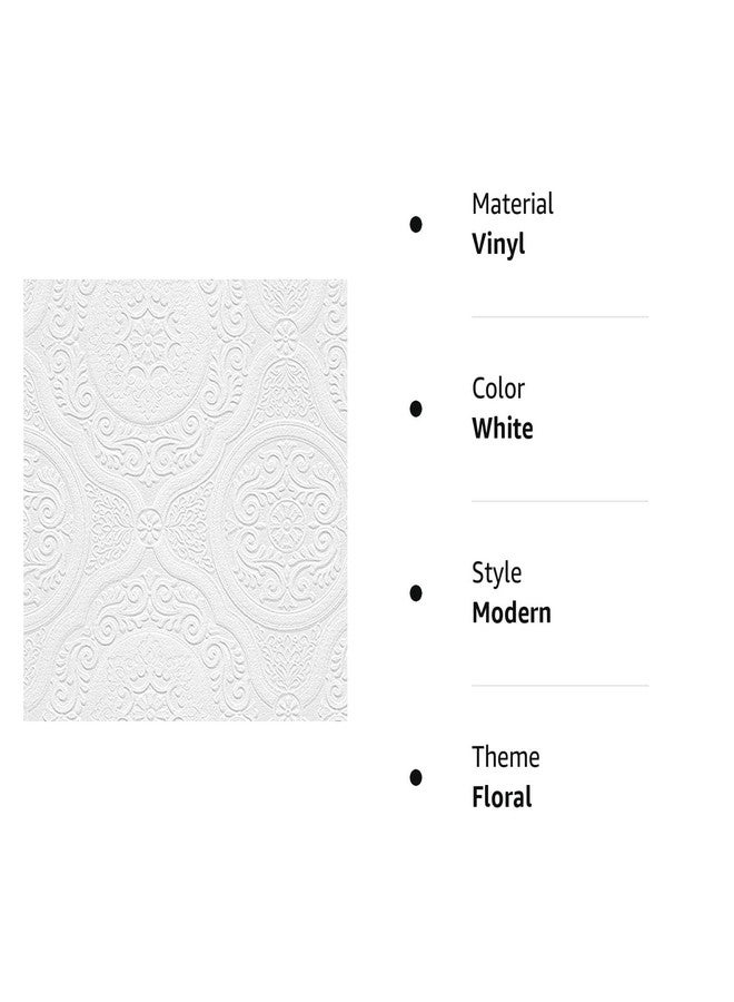Norwall Manhattan Comfort Carter Series Vinyl Textured Paintable Floral Scroll Boarded Square Design Large Wallpaper Roll, 21" W x 33'L, White - Image 4