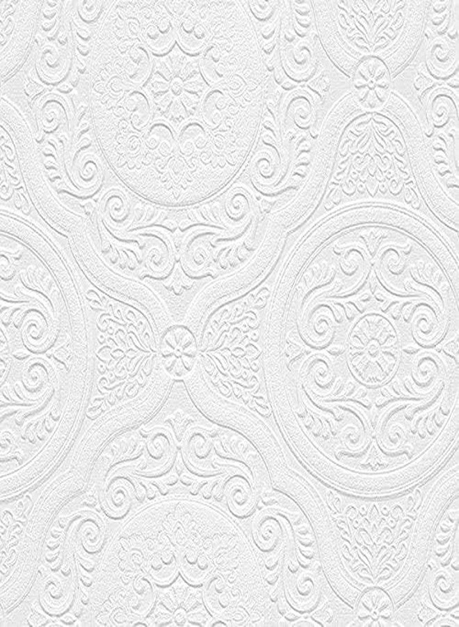 Norwall Manhattan Comfort Carter Series Vinyl Textured Paintable Floral Scroll Boarded Square Design Large Wallpaper Roll, 21" W x 33'L, White - Image 2