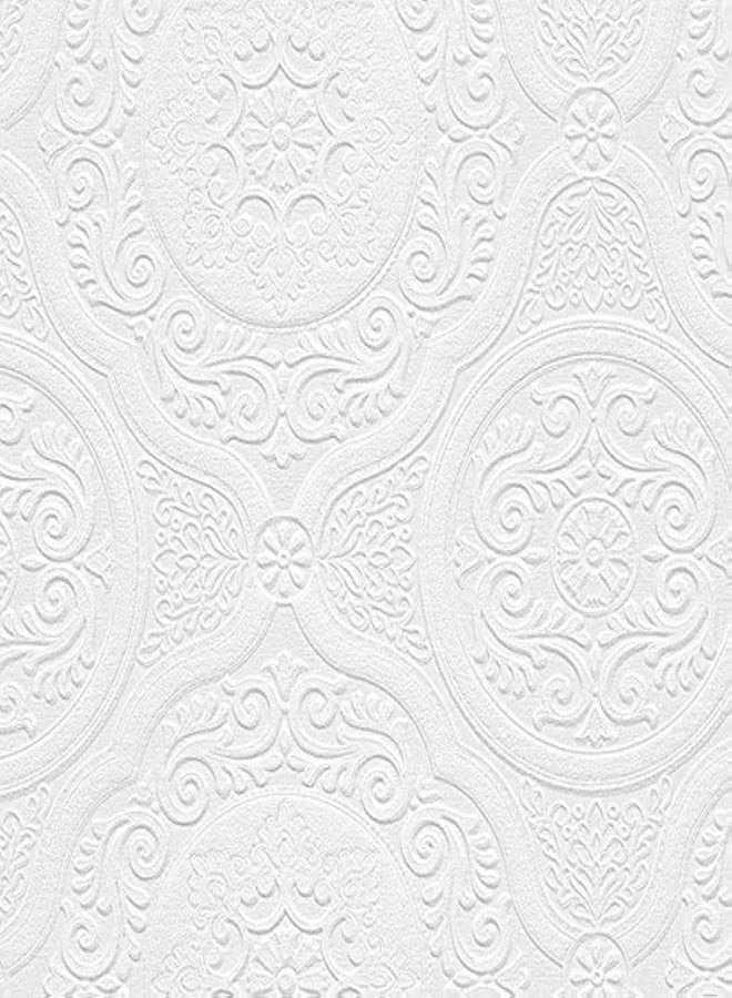 Norwall Manhattan Comfort Carter Series Vinyl Textured Paintable Floral Scroll Boarded Square Design Large Wallpaper Roll, 21" W x 33'L, White - Image 1