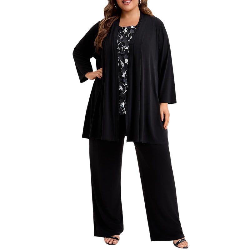 WTJIAPAI Plus Size Mother of the Bride 3 Piece Pantsuit Set with Embroidered Sequin Applique Vestfor Wedding Guest Outfit - Image 1