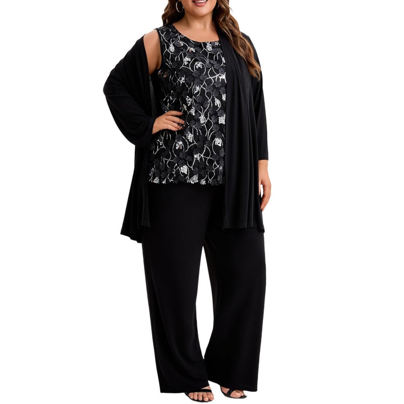 WTJIAPAI Plus Size Mother of the Bride 3 Piece Pantsuit Set with Embroidered Sequin Applique Vestfor Wedding Guest Outfit - Image 5