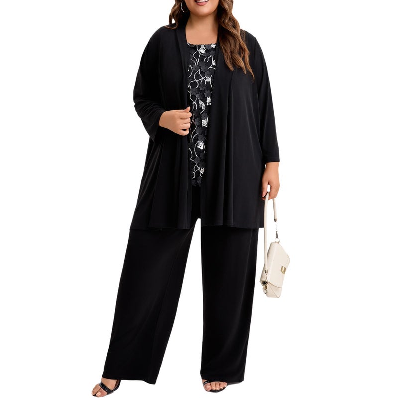 WTJIAPAI Plus Size Mother of the Bride 3 Piece Pantsuit Set with Embroidered Sequin Applique Vestfor Wedding Guest Outfit - Image 4