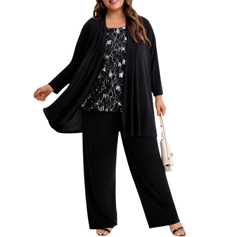 WTJIAPAI Plus Size Mother of the Bride 3 Piece Pantsuit Set with Embroidered Sequin Applique Vestfor Wedding Guest Outfit - Image 3