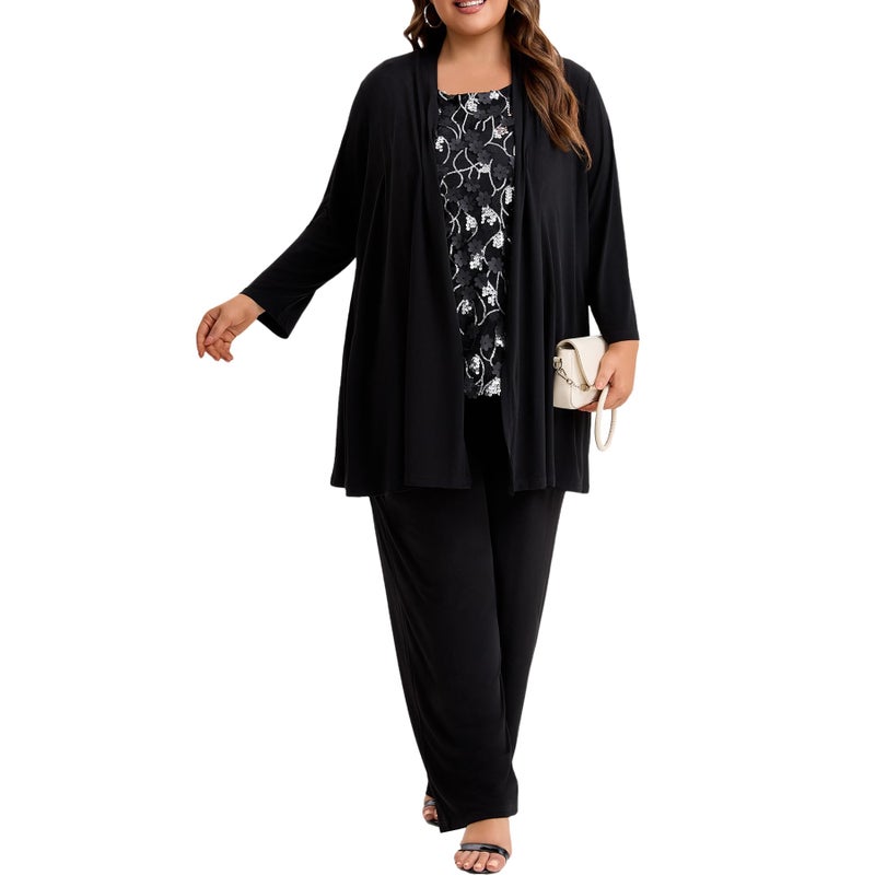 WTJIAPAI Plus Size Mother of the Bride 3 Piece Pantsuit Set with Embroidered Sequin Applique Vestfor Wedding Guest Outfit - Image 2