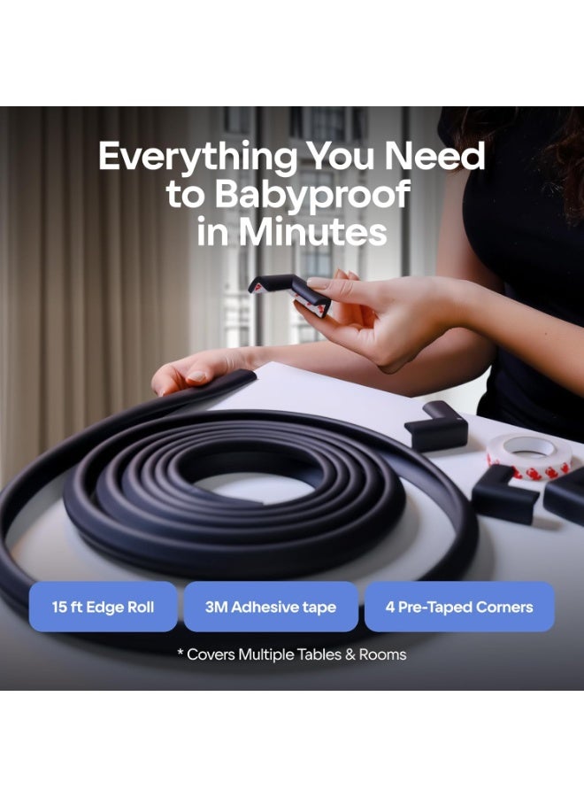 Baby Proof Corners & 15ft Edges with Furniture Corner & Edge Safety Bumpers, Impact-Absorbent Bumper & 4 Foam Corner Protectors, Cushy, Thick, Odorless Table Edge Protectors for Baby, Child | Black - Image 2