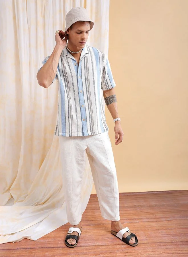 شركة المرآب الهندية Men Relaxed Fit Striped Half Sleeves Cuban Collar Resort Wear Shirt