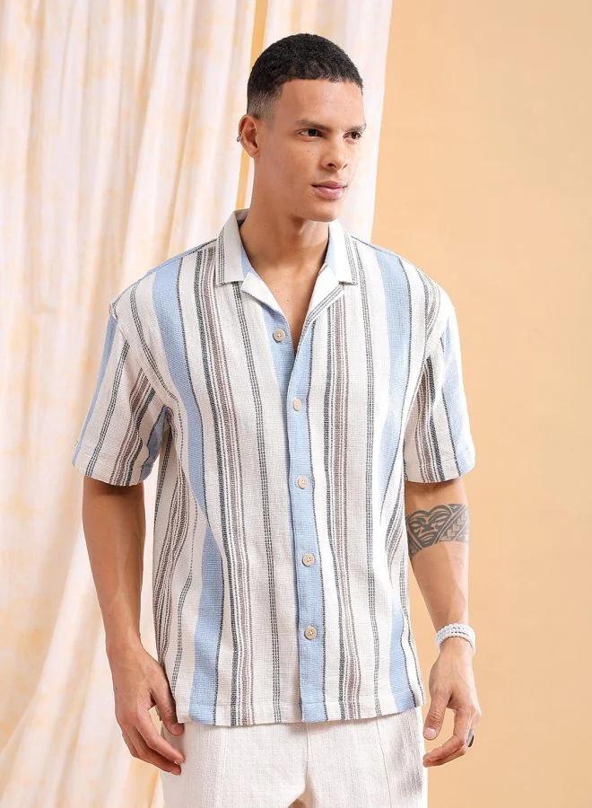 شركة المرآب الهندية Men Relaxed Fit Striped Half Sleeves Cuban Collar Resort Wear Shirt