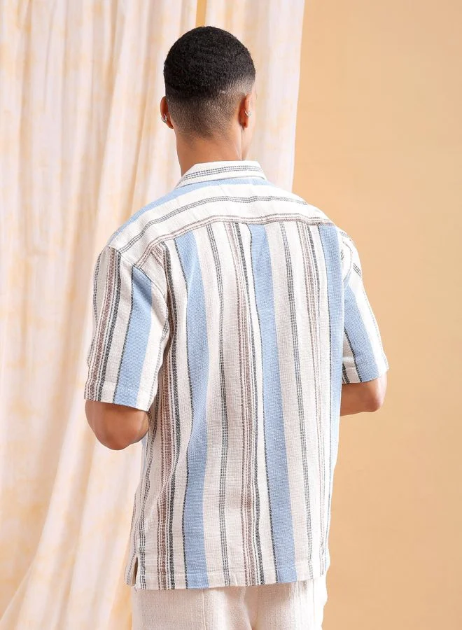 شركة المرآب الهندية Men Relaxed Fit Striped Half Sleeves Cuban Collar Resort Wear Shirt