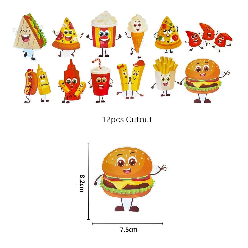 Atpata Funky Cheese Theme Happy Birthday Banner with 12 Smiley Food Cutouts, Cake Topper & Prop Sticks - Foodie Party Decorations for Kids, Boys, Girls, Unisex Birthday, Burger Pizza Fry Theme Party - Image 2