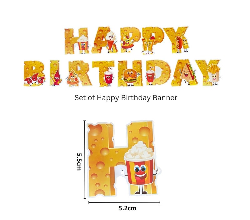Atpata Funky Cheese Theme Happy Birthday Banner with 12 Smiley Food Cutouts, Cake Topper & Prop Sticks - Foodie Party Decorations for Kids, Boys, Girls, Unisex Birthday, Burger Pizza Fry Theme Party - Image 3