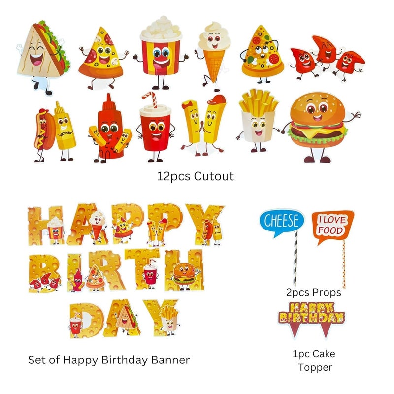 Atpata Funky Cheese Theme Happy Birthday Banner with 12 Smiley Food Cutouts, Cake Topper & Prop Sticks - Foodie Party Decorations for Kids, Boys, Girls, Unisex Birthday, Burger Pizza Fry Theme Party - Image 4