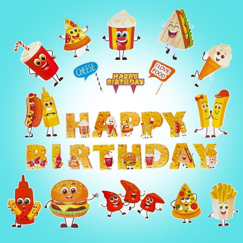 Atpata Funky Cheese Theme Happy Birthday Banner with 12 Smiley Food Cutouts, Cake Topper & Prop Sticks - Foodie Party Decorations for Kids, Boys, Girls, Unisex Birthday, Burger Pizza Fry Theme Party - Image 1
