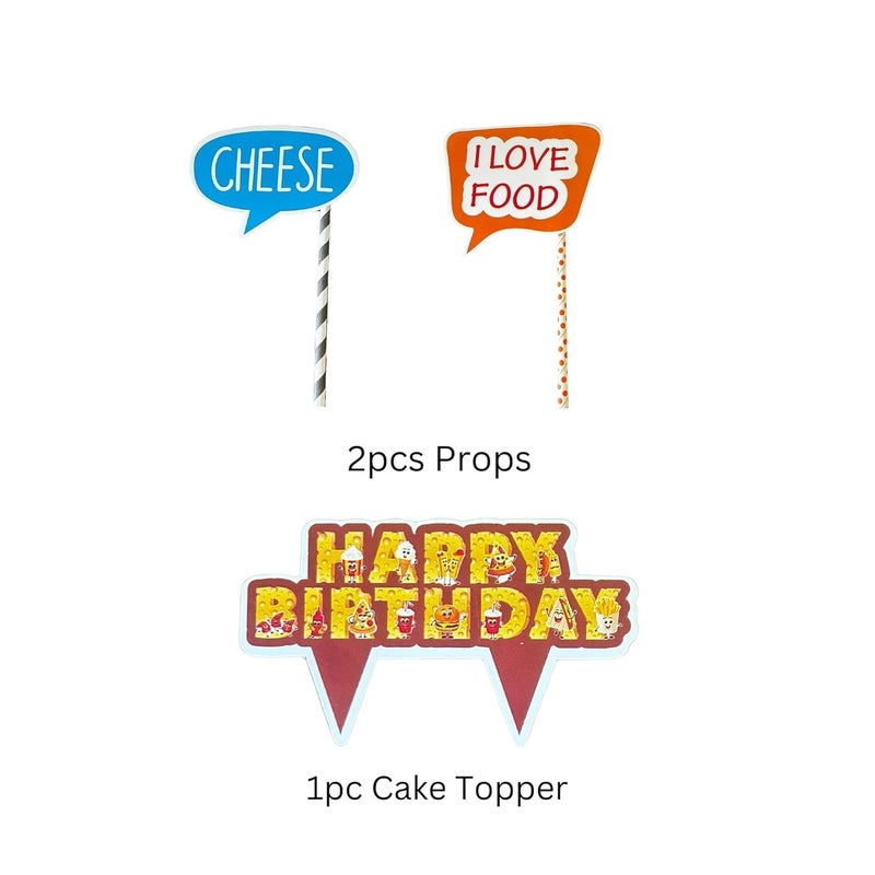 Atpata Funky Cheese Theme Happy Birthday Banner with 12 Smiley Food Cutouts, Cake Topper & Prop Sticks - Foodie Party Decorations for Kids, Boys, Girls, Unisex Birthday, Burger Pizza Fry Theme Party - Image 5