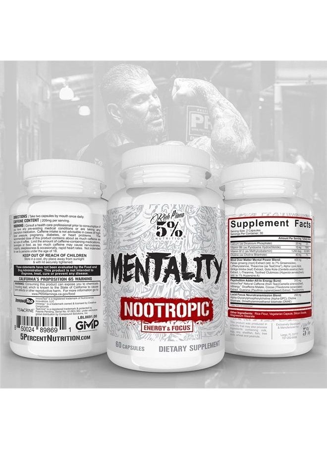 5% Nutrition - Rich Piana Mentality Nootropic Blend | Brain Booster Supplement for Performance, Memory, Mental Clarity | Ginseng, Ginkgo, L-Theanine, Choline, Huperzine, 60 Capsules (30 Day Supply) - Image 1