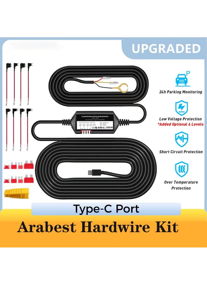 Arabest 3-Lead ACC Hardwire Kit Type-C USB Port for M550 M580 M660 M01Pro PG17 GS63HPro DashCam,12ft with Fuse Kit, Dash Camera 24H Parking Monitor,Convert 12V-24V to Output 5V/2.5A Max,Low Voltage Protection - Image 1