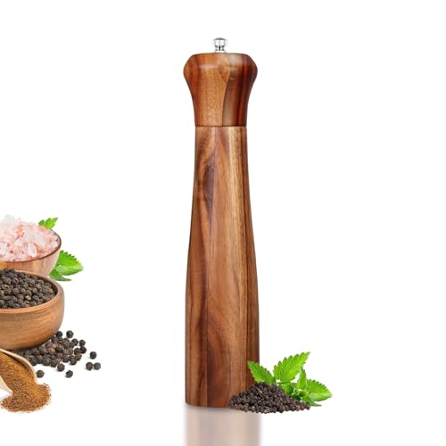 XWXO 1 Pack - 10 Inch tall Acacia Wood Pepper Grinder or Salt Mill Elegant Pepper Mill Wooden with a Adjustable Ceramic Rotor and Easily Refillable - Wood Salt Grinder for Your Kitchen - Image 1