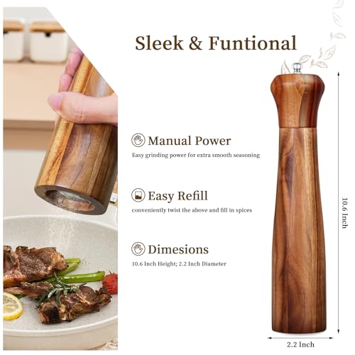 XWXO 1 Pack - 10 Inch tall Acacia Wood Pepper Grinder or Salt Mill Elegant Pepper Mill Wooden with a Adjustable Ceramic Rotor and Easily Refillable - Wood Salt Grinder for Your Kitchen - Image 3