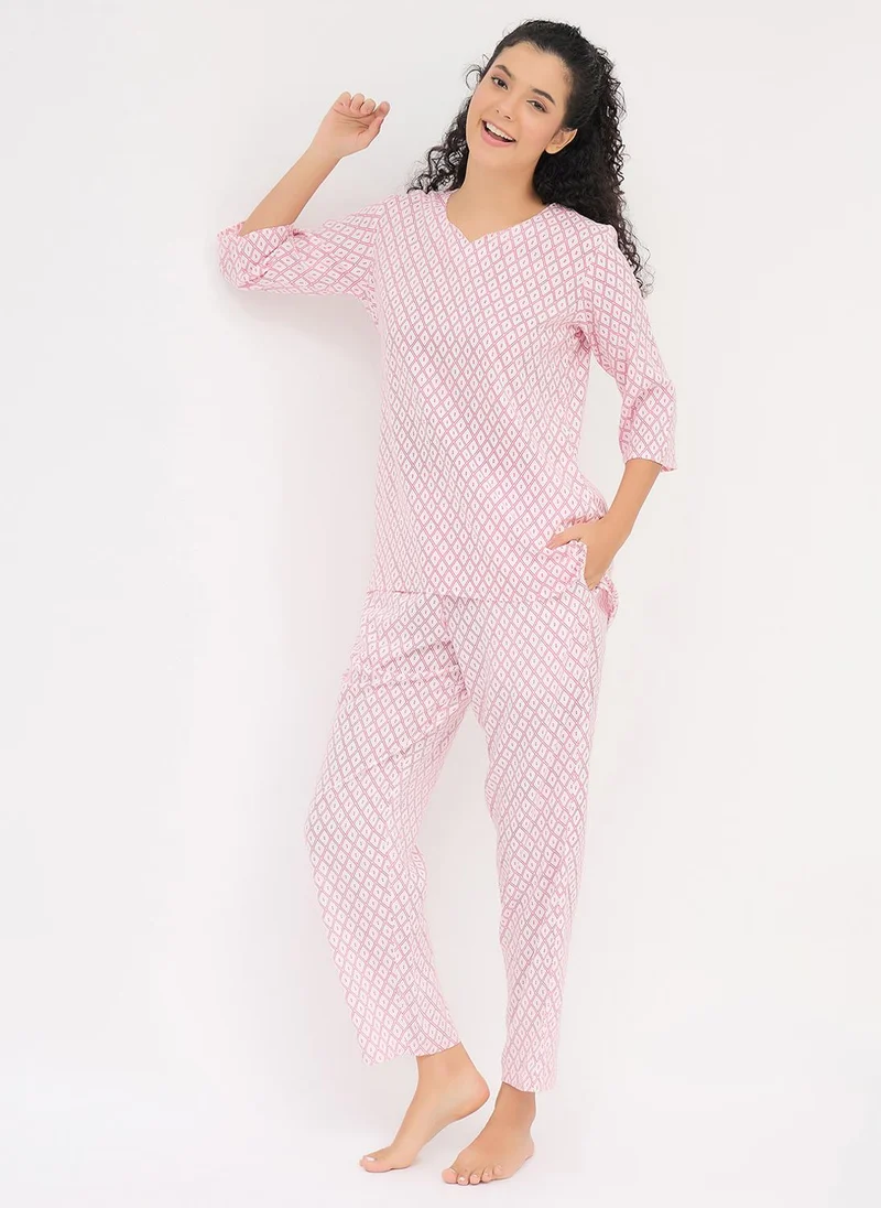 Clovia Clovia Geometric Print Kurta Top & Pyjama Set in White - Rayon