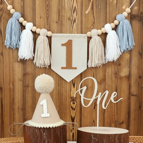 DCJHFJ 1st Birthday Highchair Banner Decorations For First Boys Khaki Cone Hat With One Cake Topper Photo Backdrop - Image 1