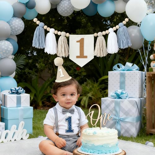 DCJHFJ 1st Birthday Highchair Banner Decorations For First Boys Khaki Cone Hat With One Cake Topper Photo Backdrop - Image 4
