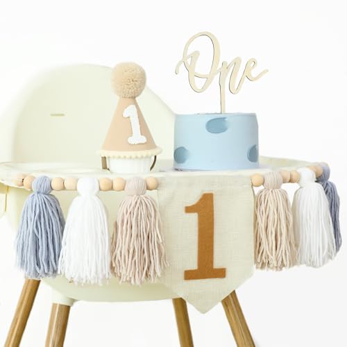 DCJHFJ 1st Birthday Highchair Banner Decorations For First Boys Khaki Cone Hat With One Cake Topper Photo Backdrop - Image 5