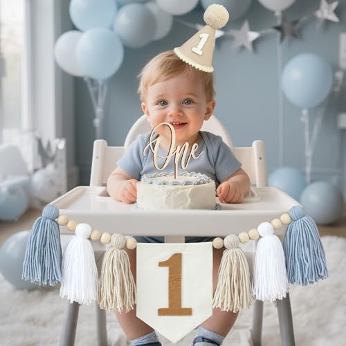DCJHFJ 1st Birthday Highchair Banner Decorations For First Boys Khaki Cone Hat With One Cake Topper Photo Backdrop - Image 2