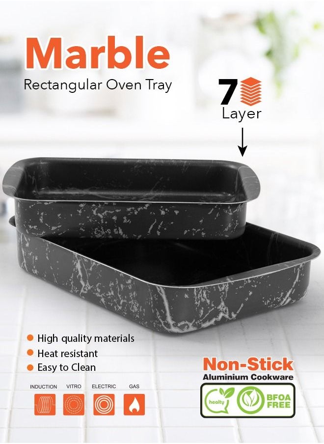 Grandi - 2 Piece Cook Rectangular Oven Tray Set 7-Layer Granite Coating Non-Stick Surface Black Marbel  30-35cm - Image 1