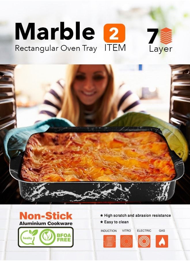 Grandi - 2 Piece Cook Rectangular Oven Tray Set 7-Layer Granite Coating Non-Stick Surface Black Marbel  30-35cm - Image 1