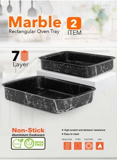 2 Piece Cook Rectangular Oven Tray Set 7-Layer Granite Coating Non-Stick Surface Black Marbel  30-35cm