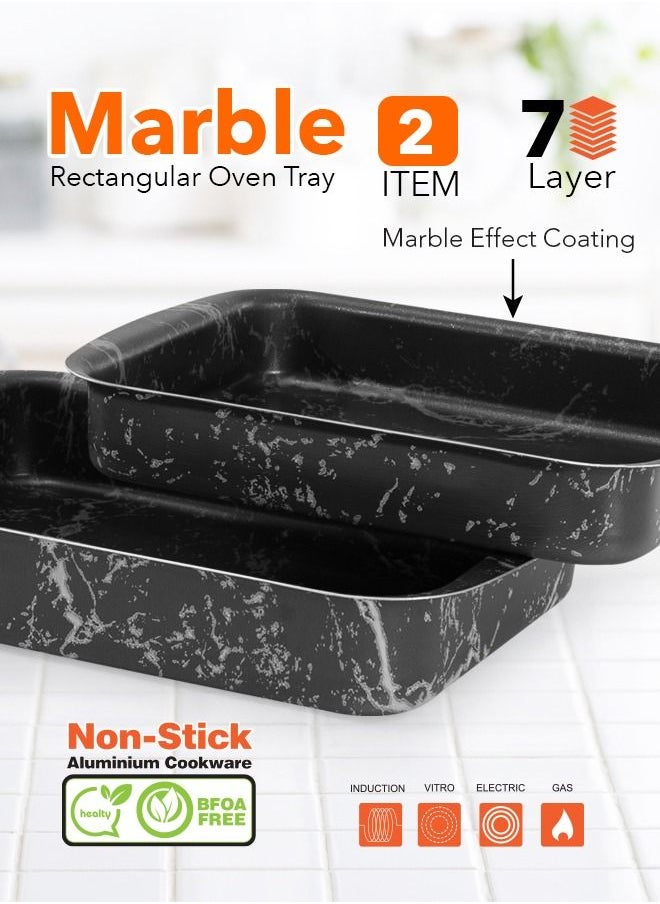 Grandi - 2 Piece Cook Rectangular Oven Tray Set 7-Layer Granite Coating Non-Stick Surface Black Marbel  30-35cm - Image 1