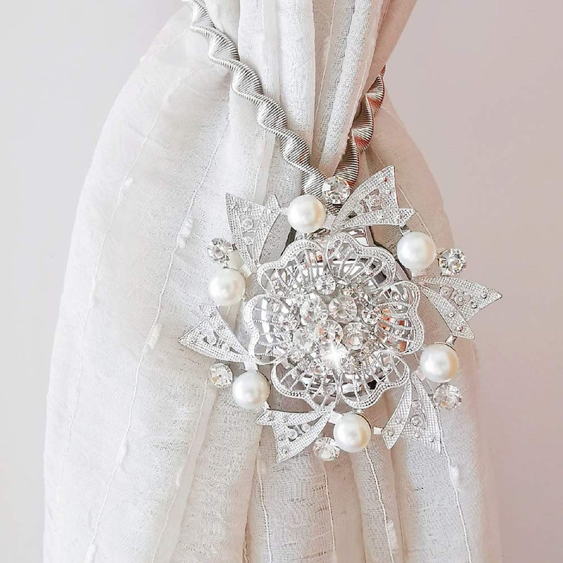 Silver Magnetic Curtain Tiebacks Rhinestone Decorative Holdbacks Set of 2 - Image 3