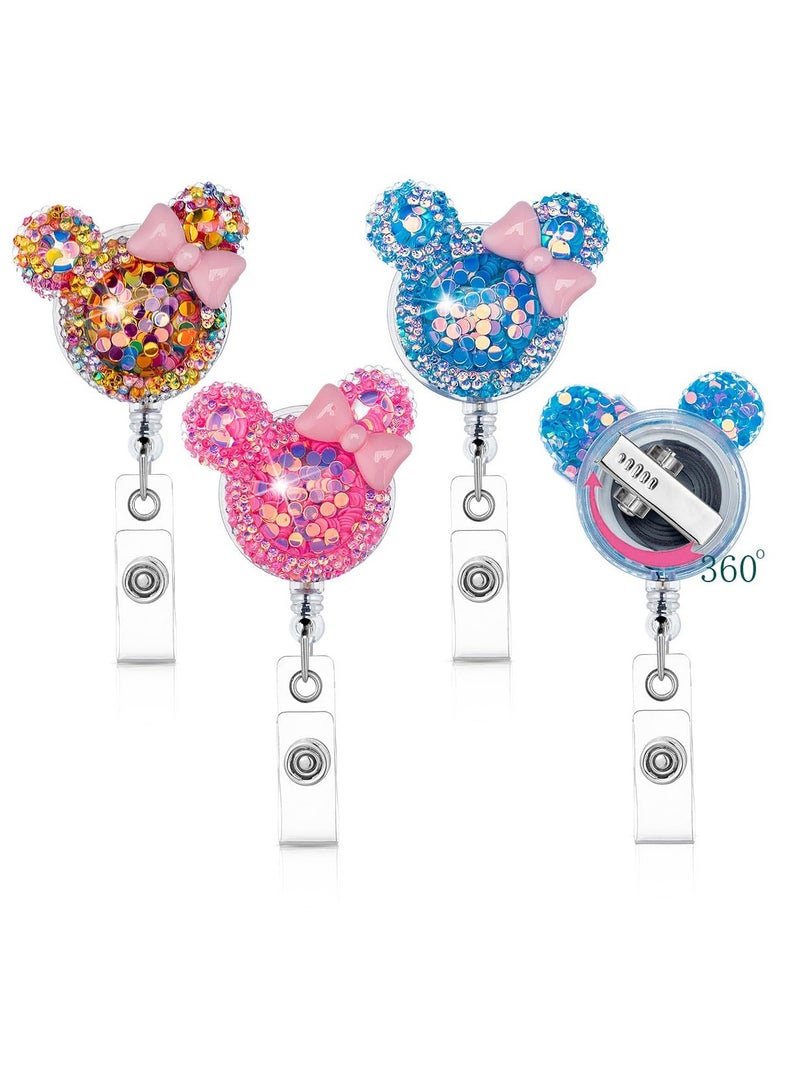Excefore 3 Pack Bling Glitter Badge Reel Holders Retractable Cute Handmade Cartoon Mouse-Shaped ID Name Card Holder with Alligator Clip for Work Office Nurse Teacher  - Image 1