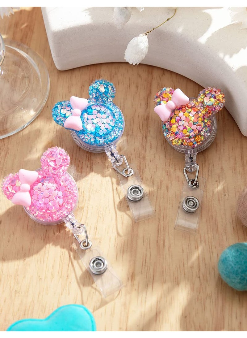 Excefore 3 Pack Bling Glitter Badge Reel Holders Retractable Cute Handmade Cartoon Mouse-Shaped ID Name Card Holder with Alligator Clip for Work Office Nurse Teacher  - Image 5