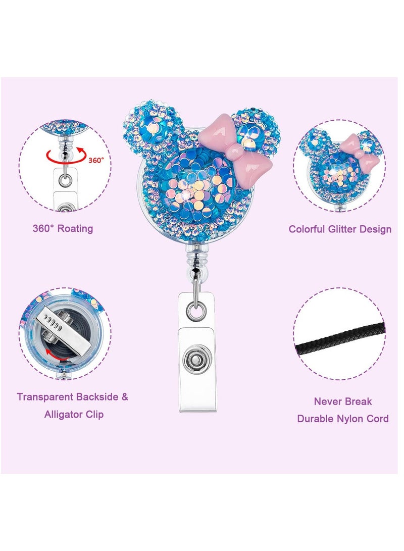 Excefore 3 Pack Bling Glitter Badge Reel Holders Retractable Cute Handmade Cartoon Mouse-Shaped ID Name Card Holder with Alligator Clip for Work Office Nurse Teacher  - Image 2