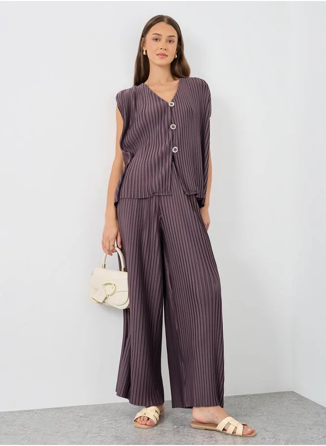 ستايلي Styli Elasticated Waistband Wide Leg Plisse Trousers