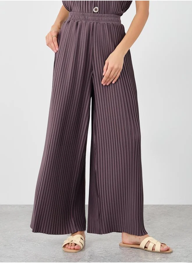 ستايلي Styli Elasticated Waistband Wide Leg Plisse Trousers