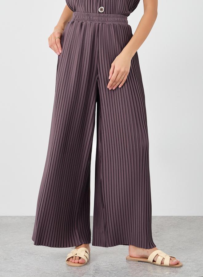 Styli Elasticated Waistband Wide Leg Plisse Trousers - Image 2