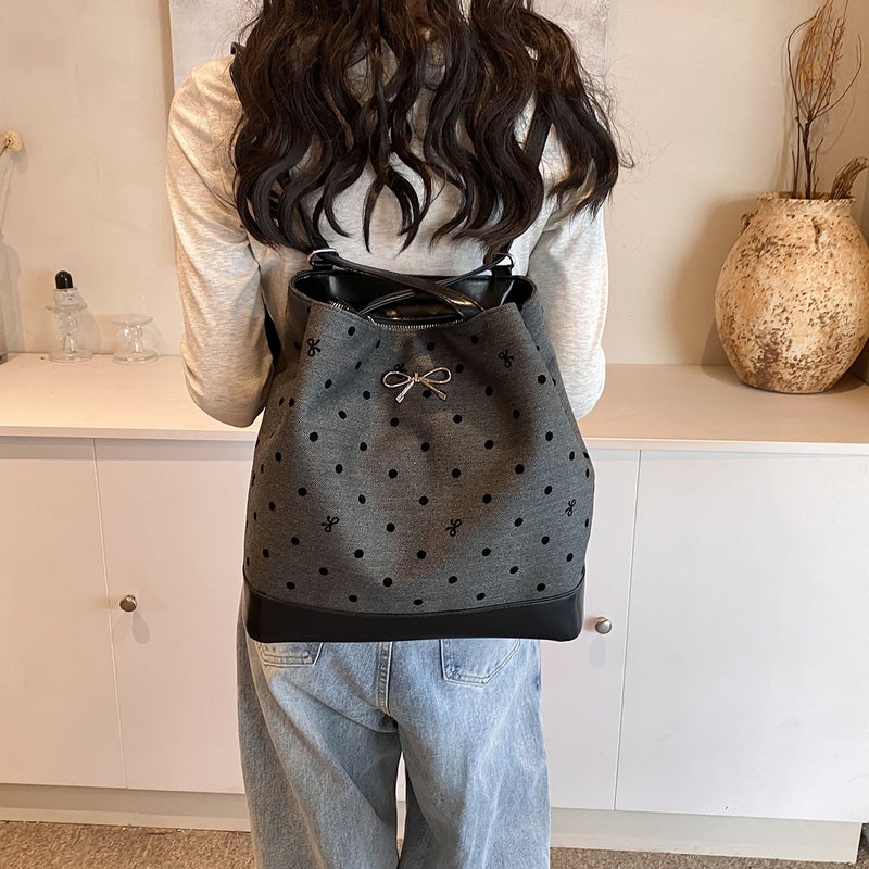Polka Dot Bow Canvas Bag For Commuting To Class, Women'S Backpack, Single Shoulder, Multi-Purpose, Vertical Style Crossbody Bag - Image 3